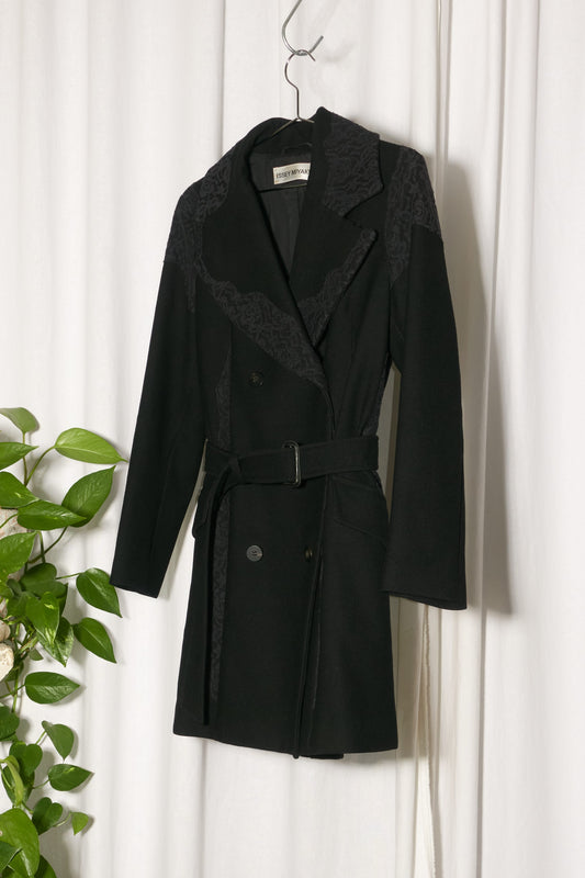 Issey Miyake 2005 black wool lace double breasted coat