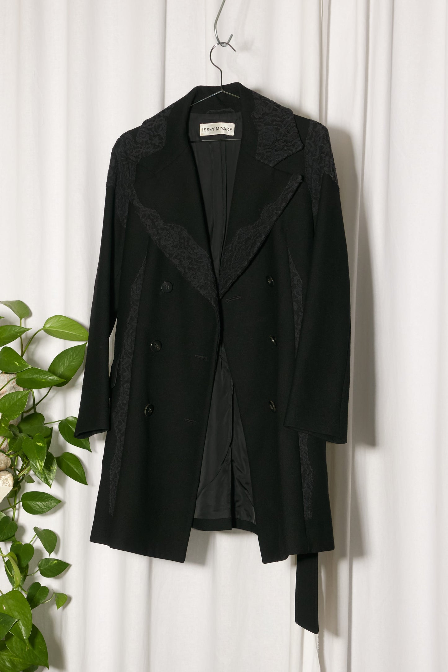 Issey Miyake 2005 black wool lace double breasted coat