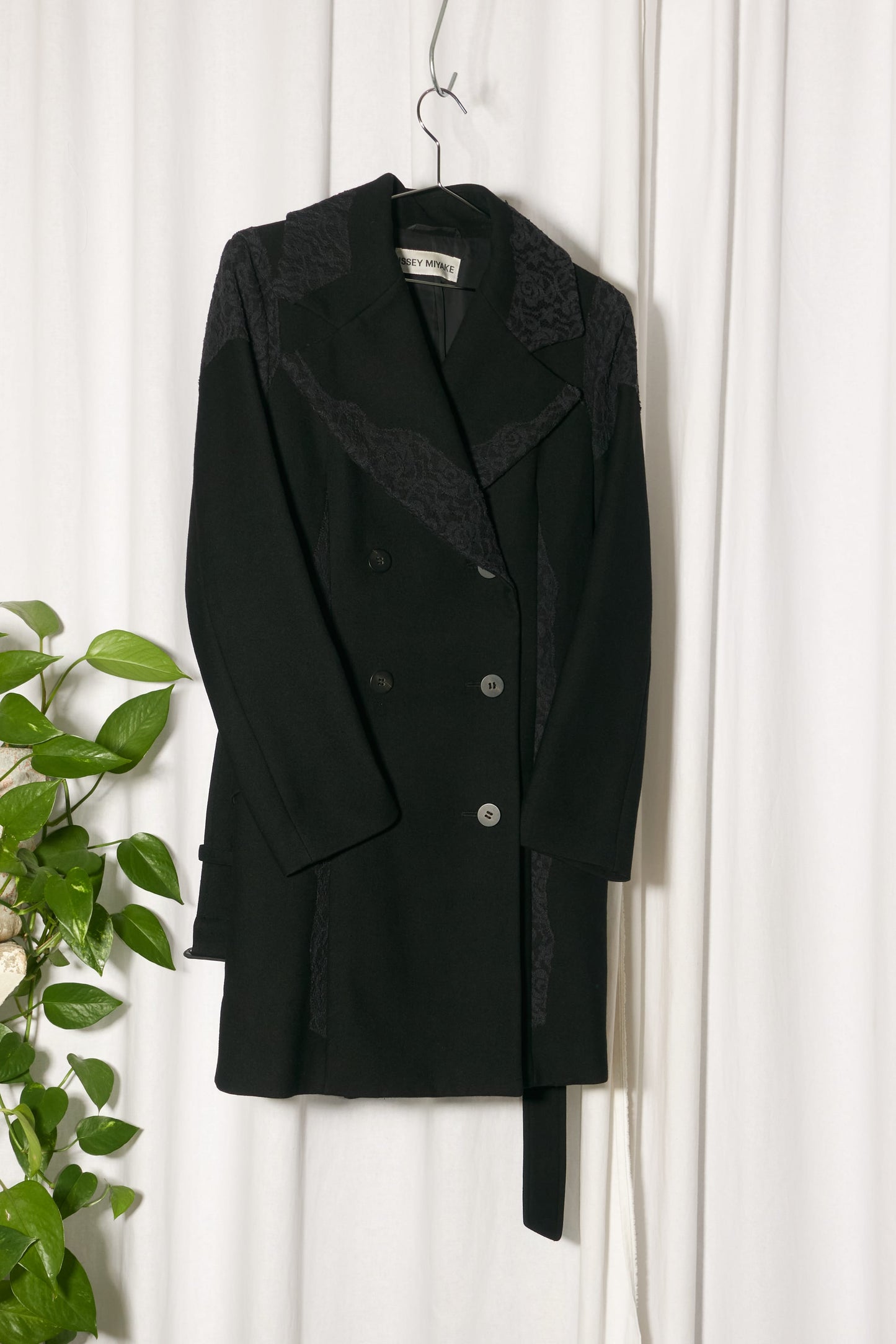 Issey Miyake 2005 black wool lace double breasted coat